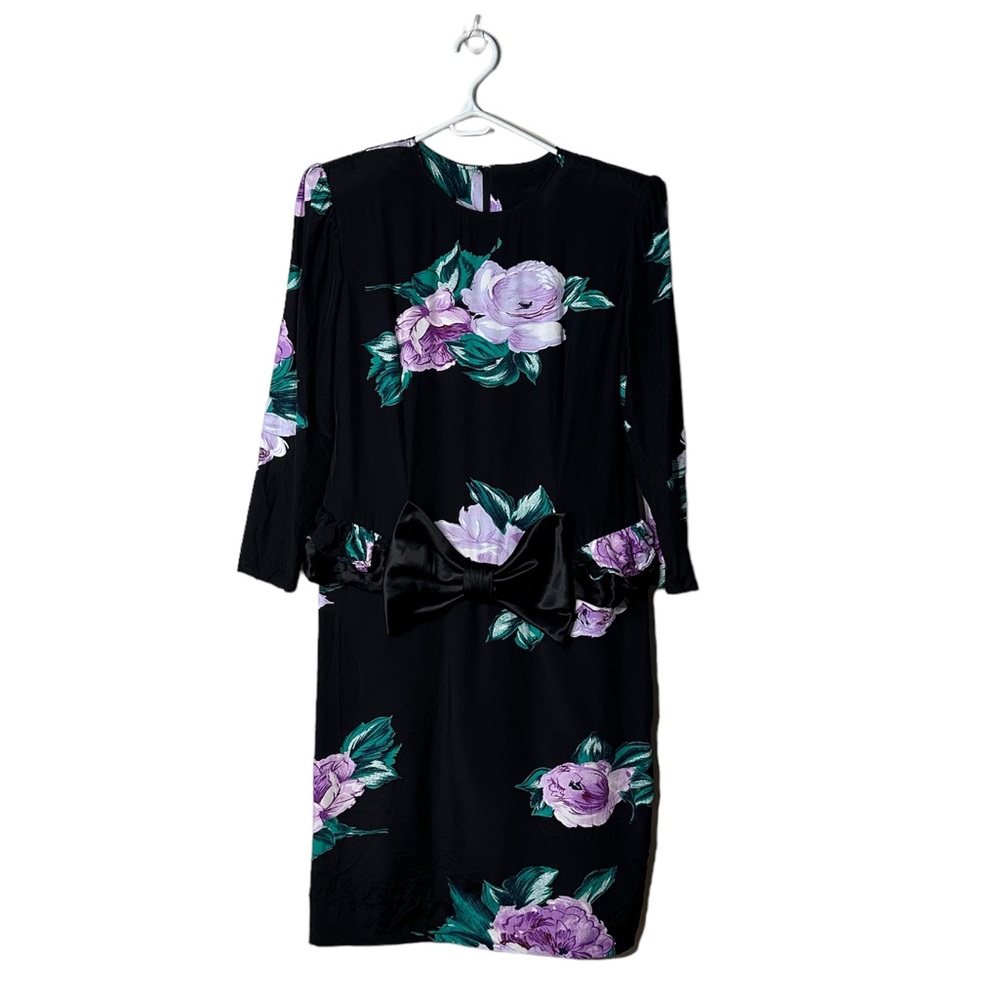 Vintage Petites by Demaro Floral Midi Black Dress Large